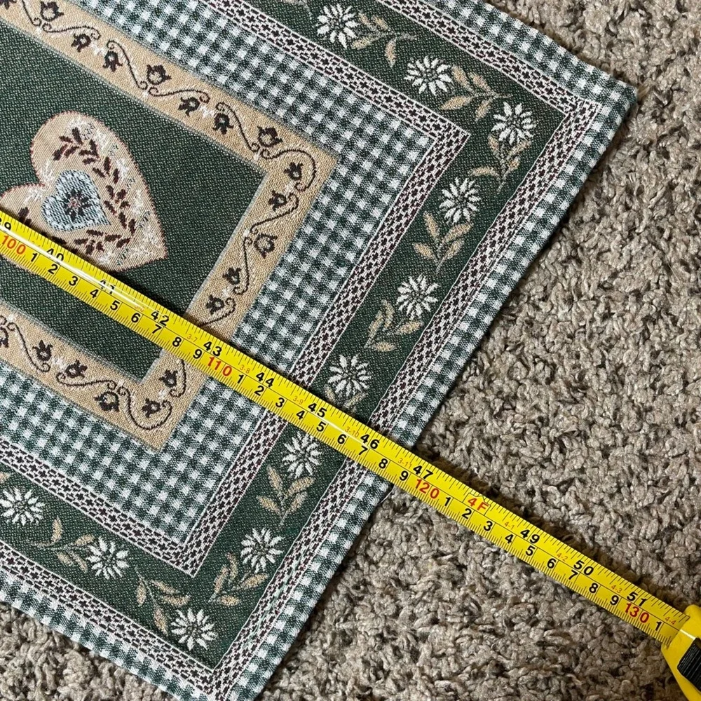Vintage Tapestry Heart Gingham Floral Table Runner Green Italy Woven Cottagecore